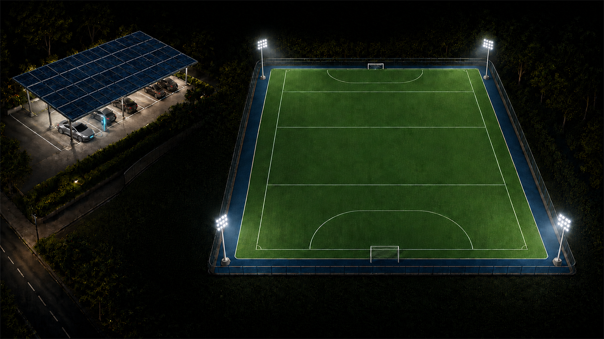 Terrain de hockey sur gazon éclairé vu du ciel avec carport photovoltaïque et voiture électrique en charge